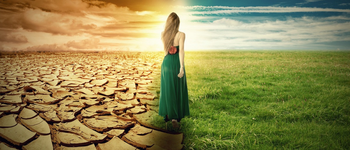 Welt verändern - eine Frau auf der Grenze zwischen einer ausgetrockneten Wüstenlandschaft und einer üppigen grünen Wiese.