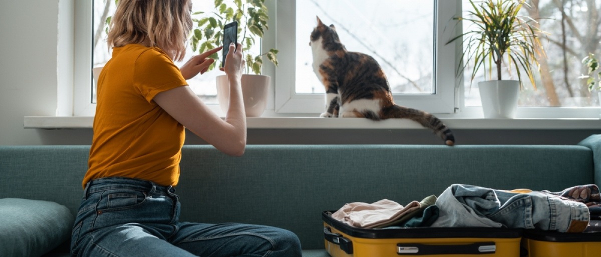 Wohin mit der Katze im Urlaub? Frau macht Foto von Katze auf Sofa neben einem geöffneten Reisekoffer.