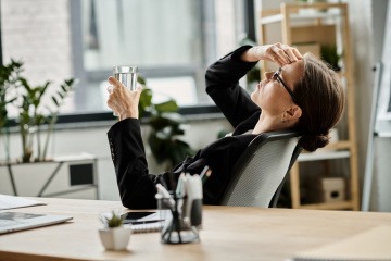 Frau mit wenig Resilienz sitzt zermürbt am Schreibtiscch