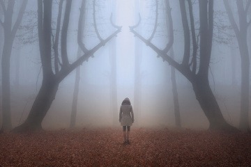 Eine Frau tritt in den Nebel, will das Akasha Feld betreten