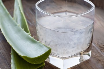Eine Aloe Vera liegt neben einem Glas mit Aloe Vera Gel