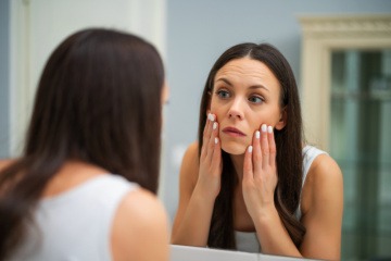 Eine Frau betrachtet ihre Augenschatten