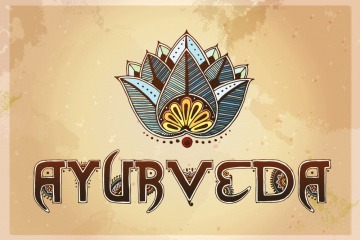 Ayurveda Grafik Schriftzug mit Lotusblüte