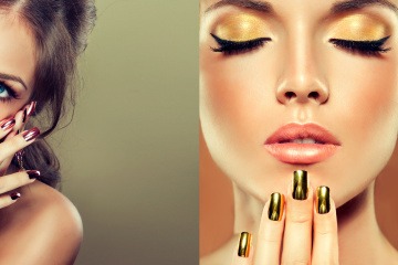 Eine Frau hat rote und eine zweite goldene Chrome Nägel