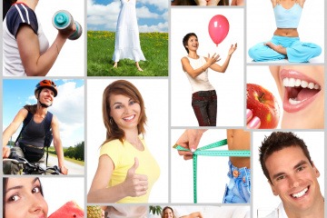 Eine Collage mit gesunden Lebenmitteln und fitten und glücklichen Menschen