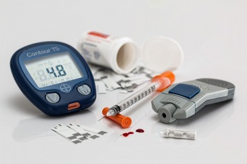 Ein Blutzuckermessgerät für Diabetes liegt neben Spritze und Messstreifen
