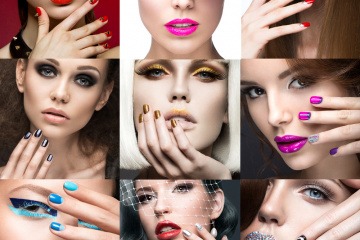 Eine Collage mit 9 Frauengesichtern und bunt lackierten Fingernägeln