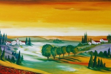 Ein Gemälde aus Glas zeigt eine Landschaft.