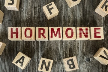 Das Wort "Hormone", dargestellt als Schriftzug mit je einem Buchstaben auf einem Holzblock.