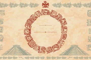 Grafische Darstellung von Maya-Symbolen und Bauten