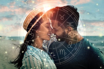 Paar küsst sich, davor ein Kreis mit Sternzeichen