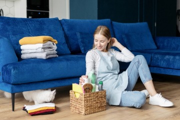 Zufriedene Frau mit frisch gewaschener Wäsche neben sich inspiziert ihre umweltfreundlichen Waschmittel. 