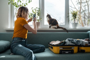 Wohin mit der Katze im Urlaub? Frau macht Foto von Katze auf Sofa neben einem geöffneten Reisekoffer.