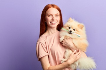 Hund mit Zahnbürste zwischen den Zähnen